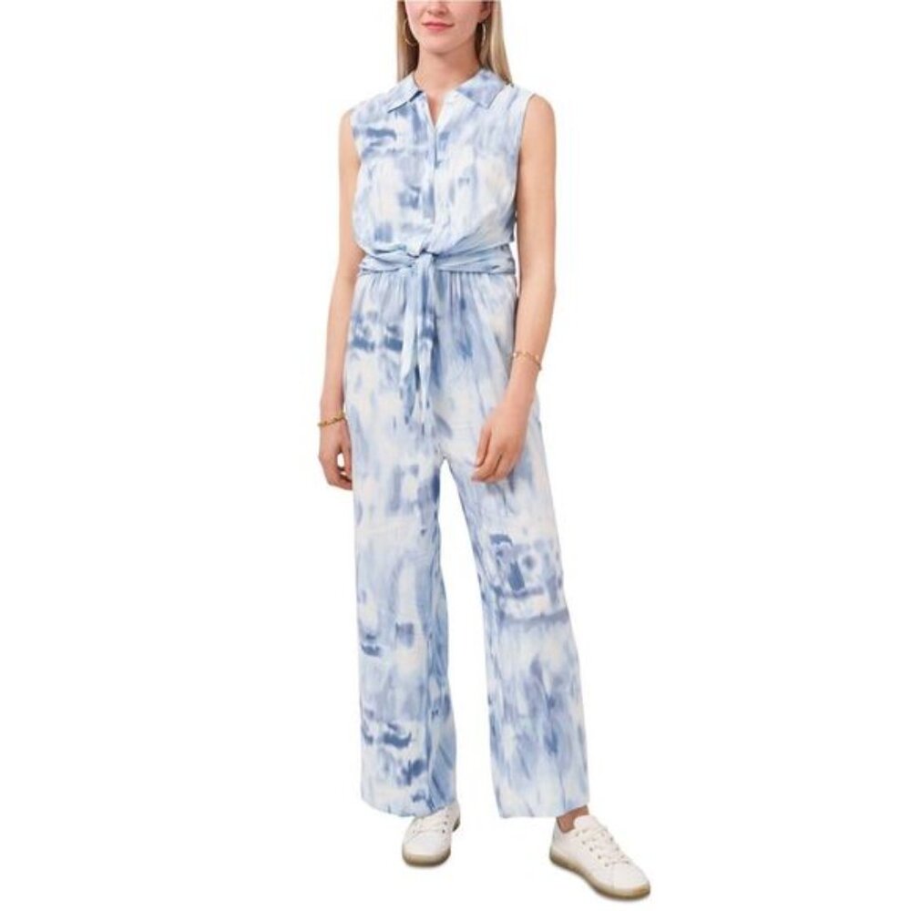 NWT Vince Camuto Blue Tie Dye Sleeveless Button Up Tie Front Jumpsuit Size XL
